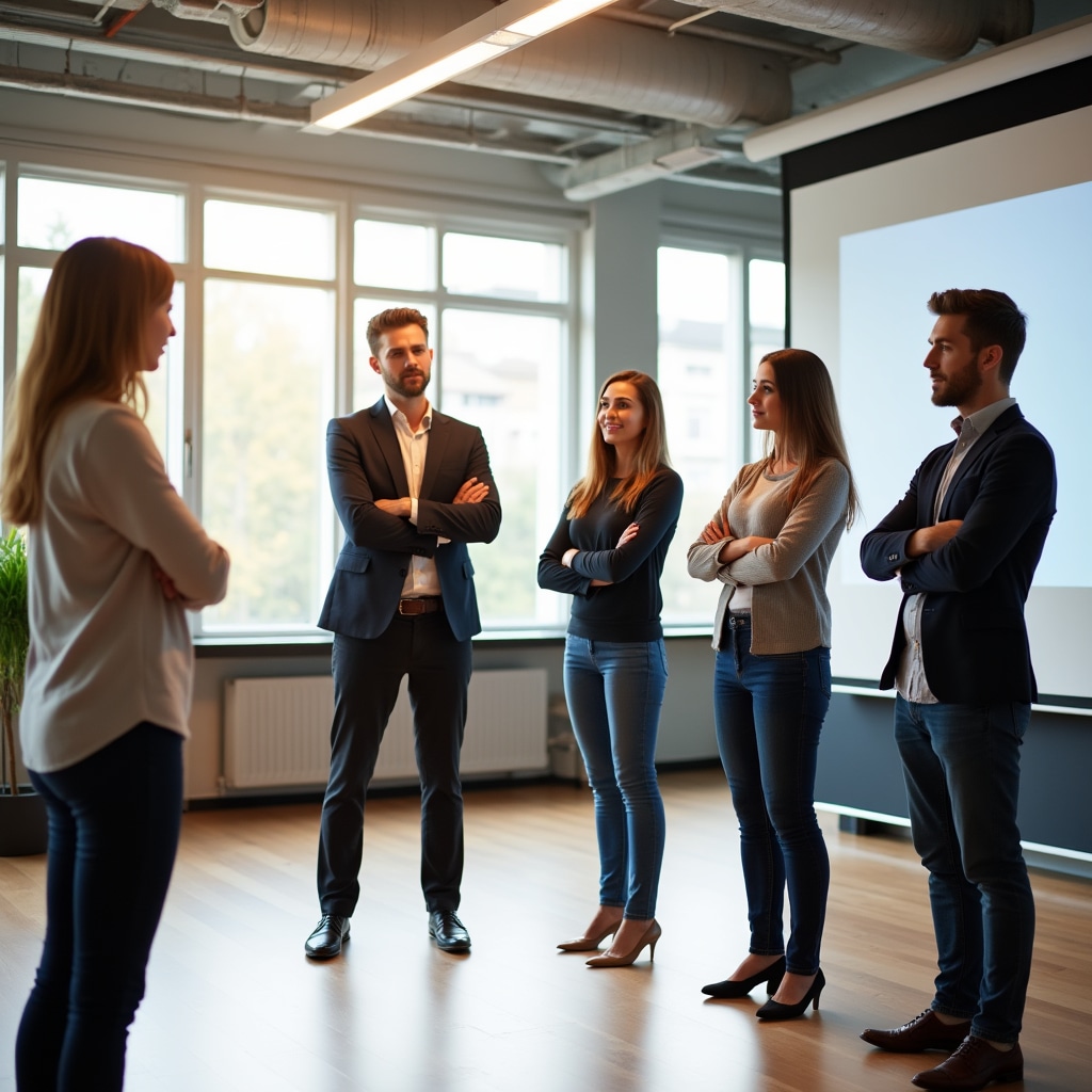 Gruppe von Teilnehmern übt Präsentationstechniken in kleiner Runde mit Trainer