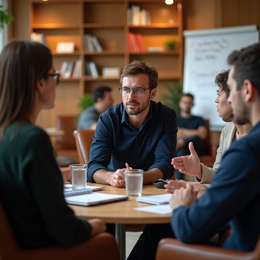 Kleine Gruppe von Fachkräften erhält Feedback im Workshop-Setting